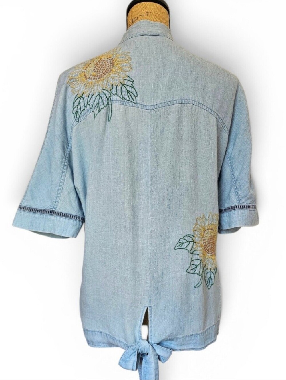 Billy T Sunflower Embroidered Chambray Open-Front Boho Kimono Jacket, Size XS - Picture 5 of 8
